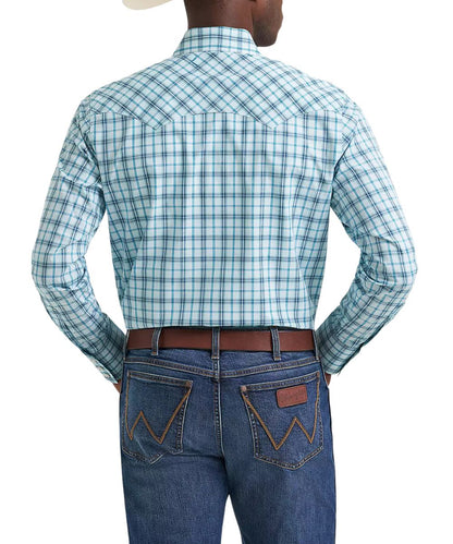 Back view of the men's long sleeve turquoise plaid western snap shirt