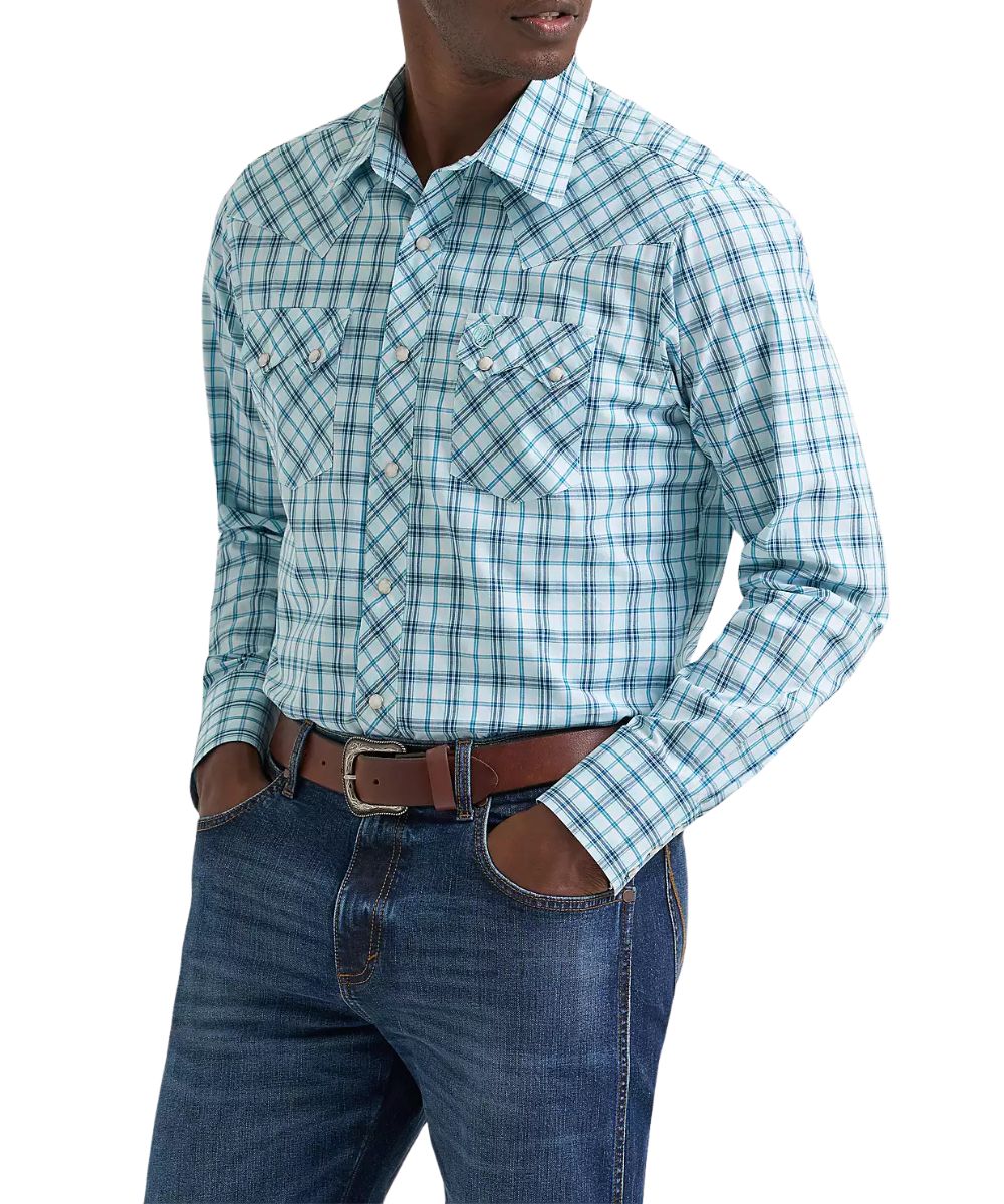 Front view of the men's turquoise plaid western snap shirt