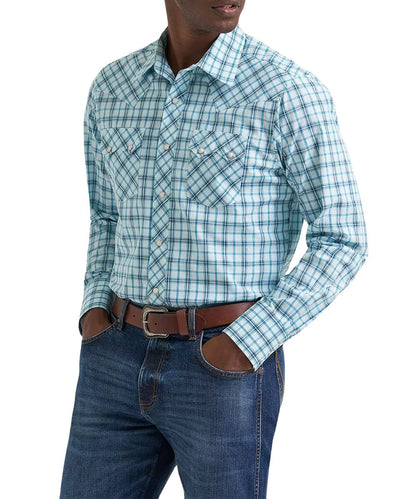 Front view of the men's turquoise plaid western snap shirt
