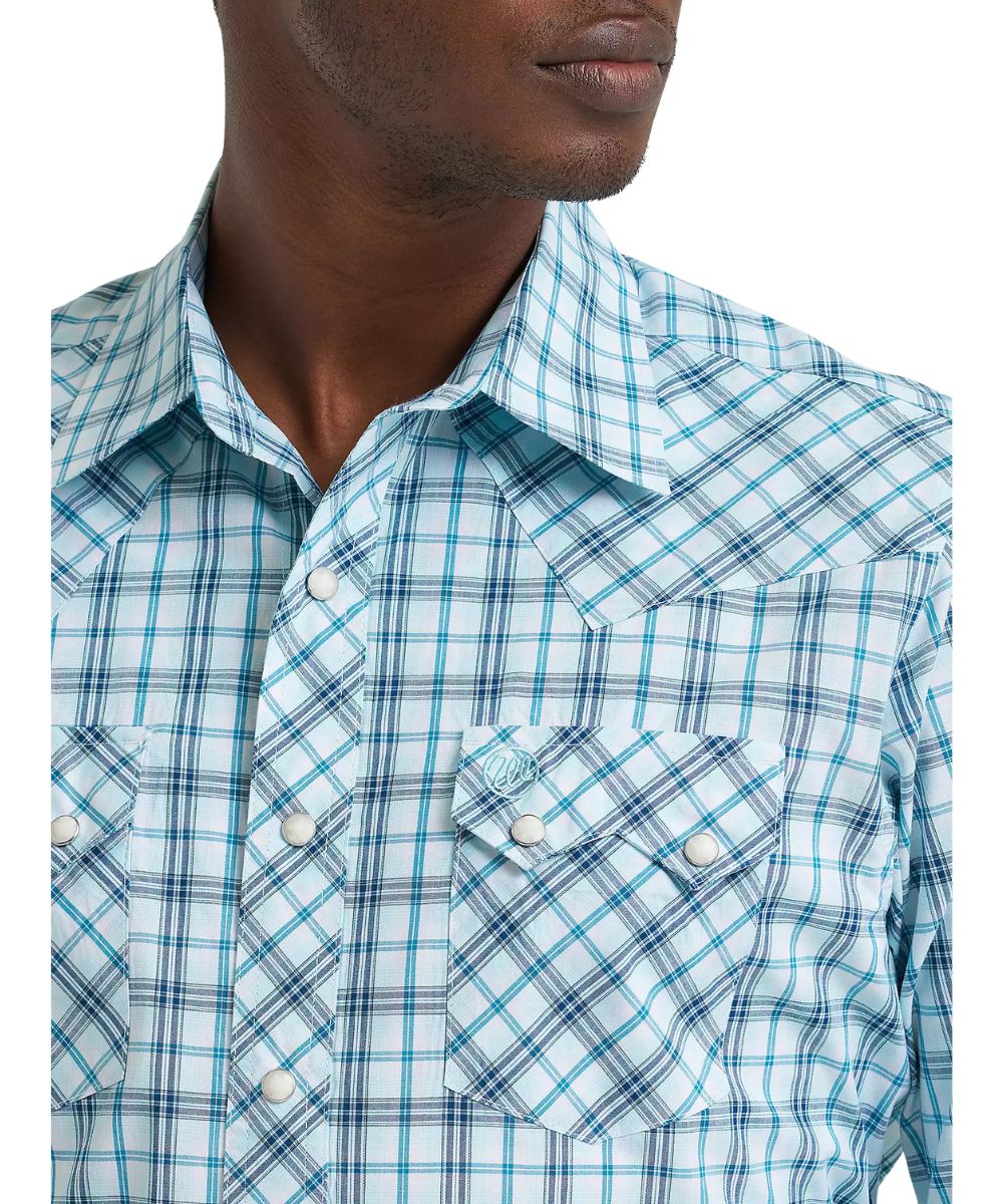 Close-up view of the men's seaside turquoise plaid print shirt