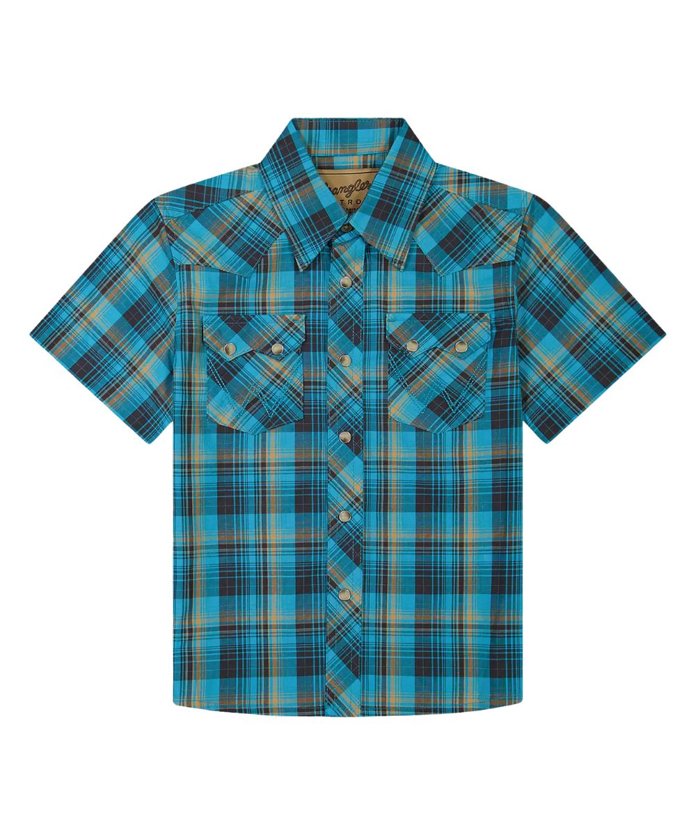 Front view of the boy's Wrangler Retro Short Sleeve Western Snap Shirt featuring the check plaid print in blue, sawtooth snap flap chest pockets, and western yokes
