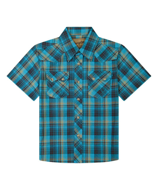 Front view of the boy's Wrangler Retro Short Sleeve Western Snap Shirt featuring the check plaid print in blue, sawtooth snap flap chest pockets, and western yokes