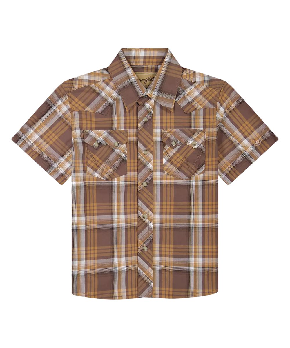 Front view of the boy's Wrangler Retro Short Sleeve Western Snap Shirt in maple brown plaid print featuring the sawtooth chest pockets and western yokes