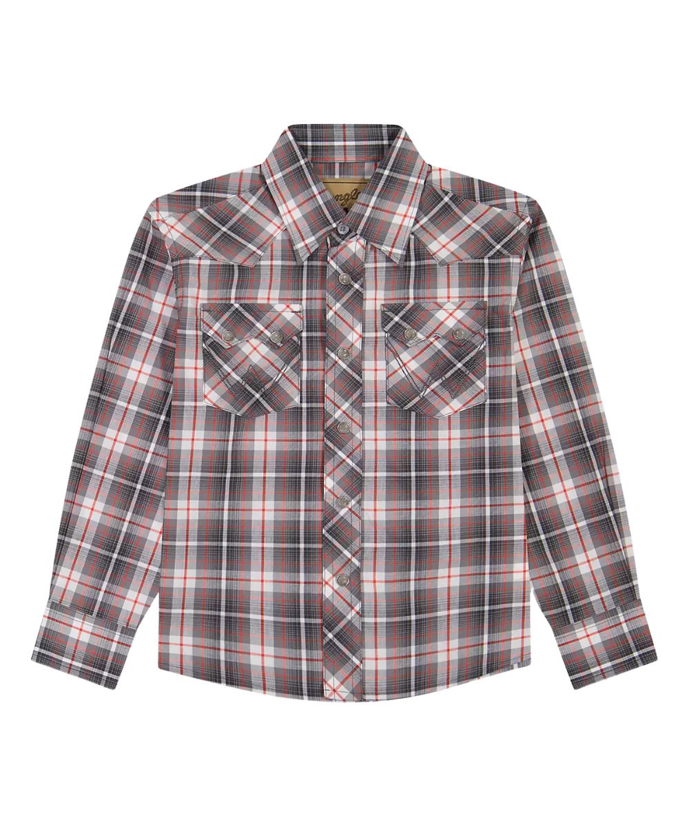 Flat view of the boy's Wrangler long sleeve retro grey & red plaid print snap shirt featuring the chest pockets and western yokes