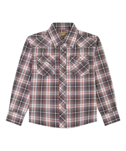 Flat view of the boy's Wrangler long sleeve retro grey & red plaid print snap shirt featuring the chest pockets and western yokes