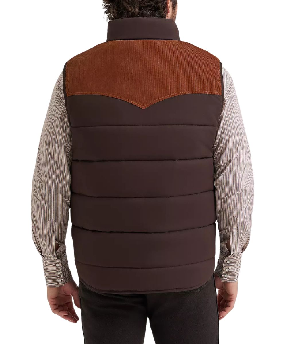 A man viewed from the back wearing a brown and dark brown color-blocked quilted puffer vest over a striped button-down shirt.