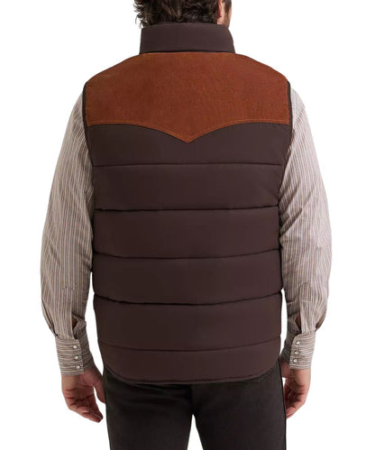 A man viewed from the back wearing a brown and dark brown color-blocked quilted puffer vest over a striped button-down shirt.