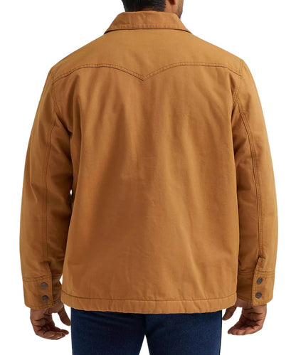 Back view of the men's brown long sleeve barn coat featuring the single point western yokes