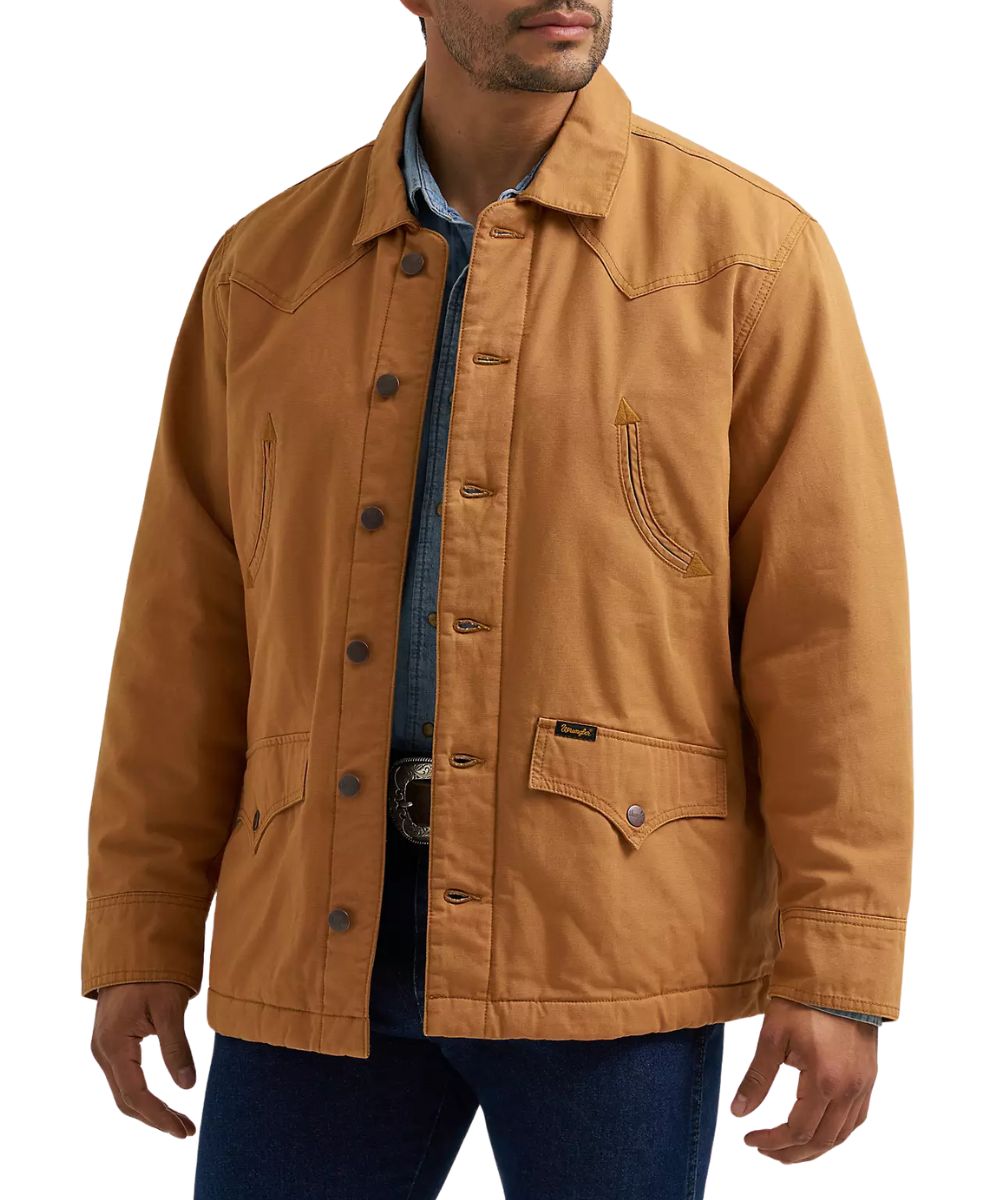 Front view of the men's brown sugar Wrangler barn coat featuring the cotton canvas construction, button closure, smile chest pockets, western yokes, snap cuffs, and snap flap hand pockets