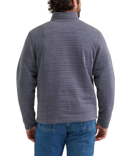 A man viewed from the back wearing a heathered dark gray quarter-zip fleece pullover and blue jeans, set against a plain white background.