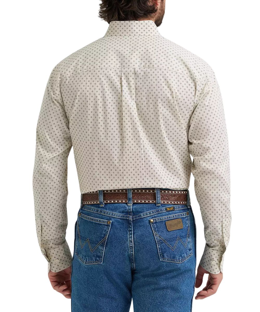 Back view of the men's white long sleeve button down shirt featuring the relaxed fit, straight back yoke with box pleat, and the tea green geometric print