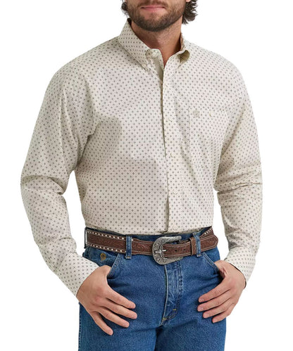 Front view of the men's Wrangler George Strait Long Sleeve Tea Geometric Button Down One Pocket Shirt