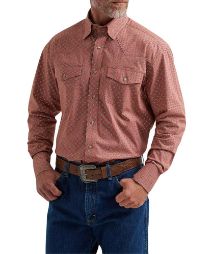 Front view of the men's george strait troubadour adobe geo long sleeve western snap shirt