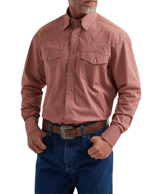 Front view of the men's george strait troubadour adobe geo long sleeve western snap shirt