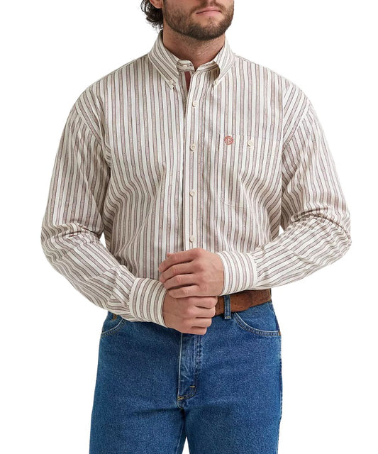 Front view of the men's george strait long sleeve button down one pocket beige shirt featuring the rusted stripe print