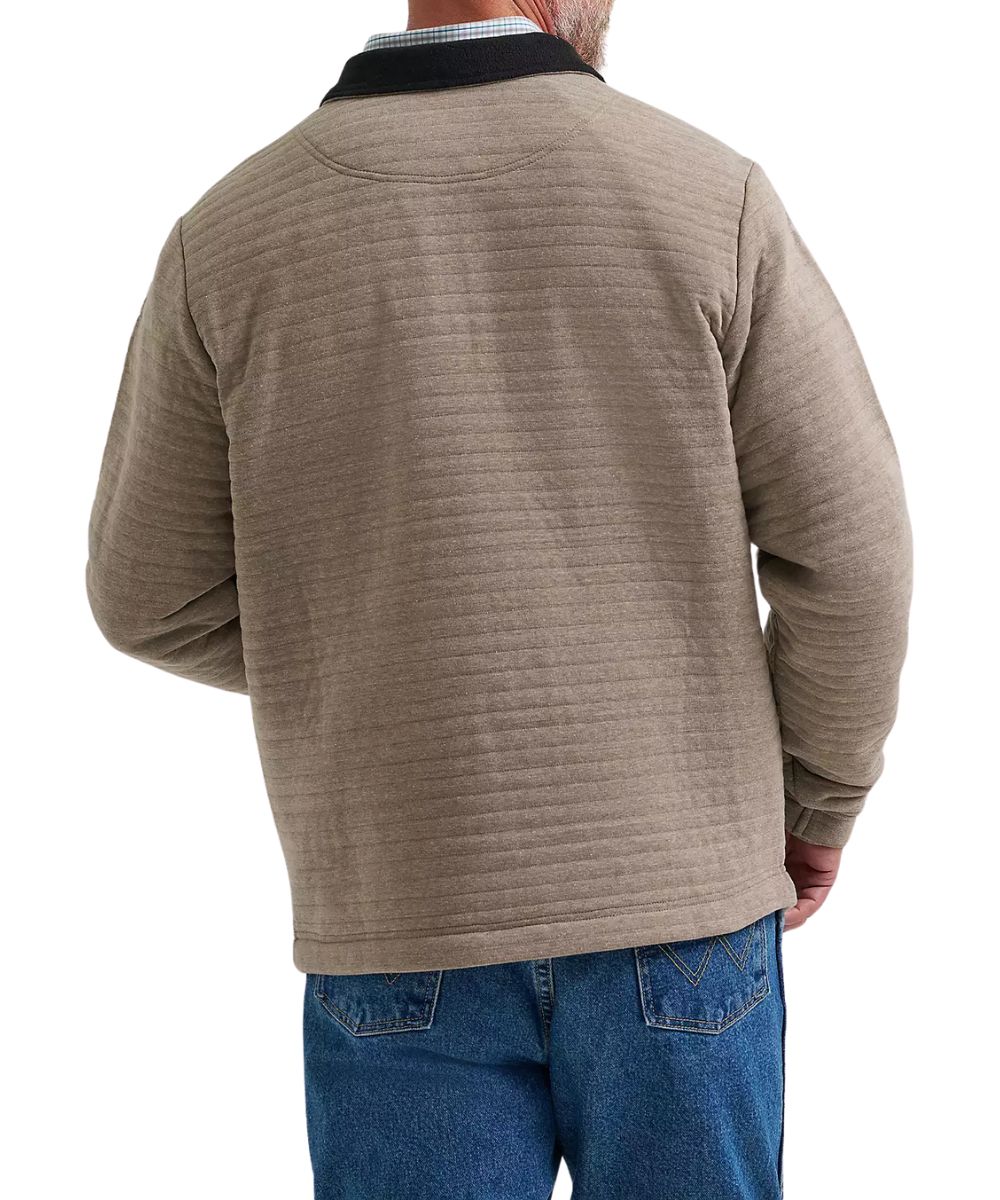Back view of the men's 1/4 zip long sleeve pullover featuring the contrast mock collar, quilted pattern, and beige/toast color