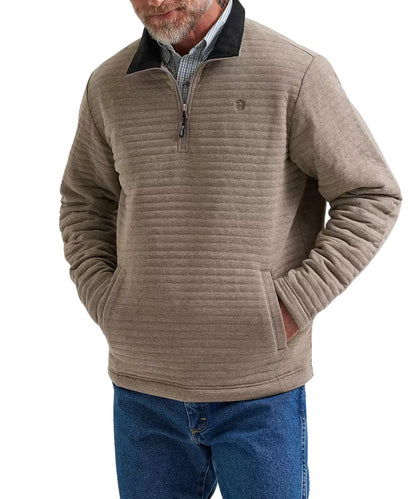 Front view of the men's Wrangler George Strait Quarter-Zip Beige/Toast Quilted Pullover featuring the angled welt hand pockets