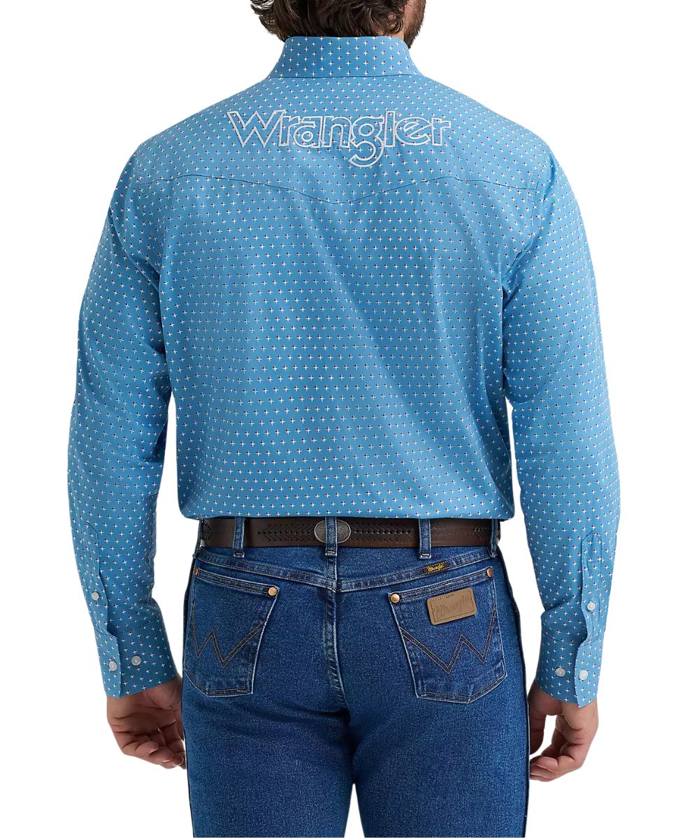 Back view of the men's long sleeve blue button down western shirt featuring western yokes and americana logo embroidery