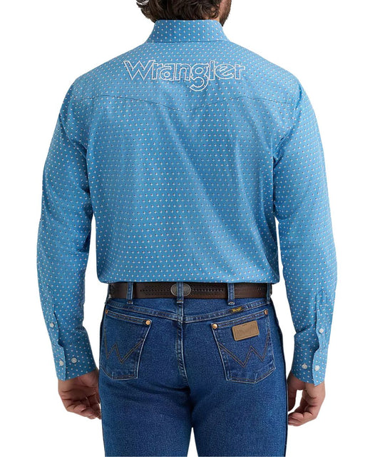 Back view of the men's long sleeve blue button down western shirt featuring western yokes and americana logo embroidery