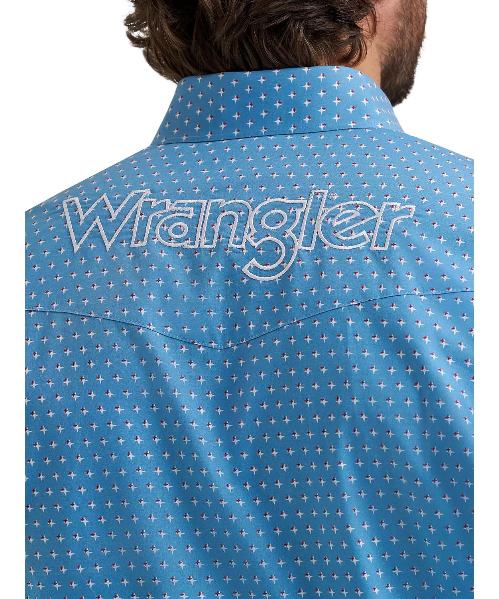 Close-up view of the back yoke featuring the logo embroidery