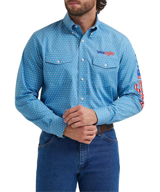 Front view of the men's long sleeve classic fit blue button down shirt featuring americana logo embroidery and a geometric print 