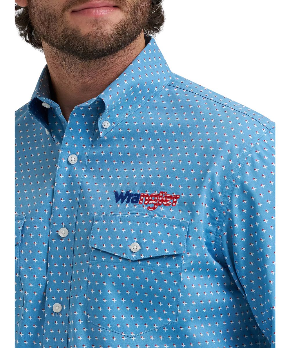Close-up view of the geometric print and americana logo embroidery