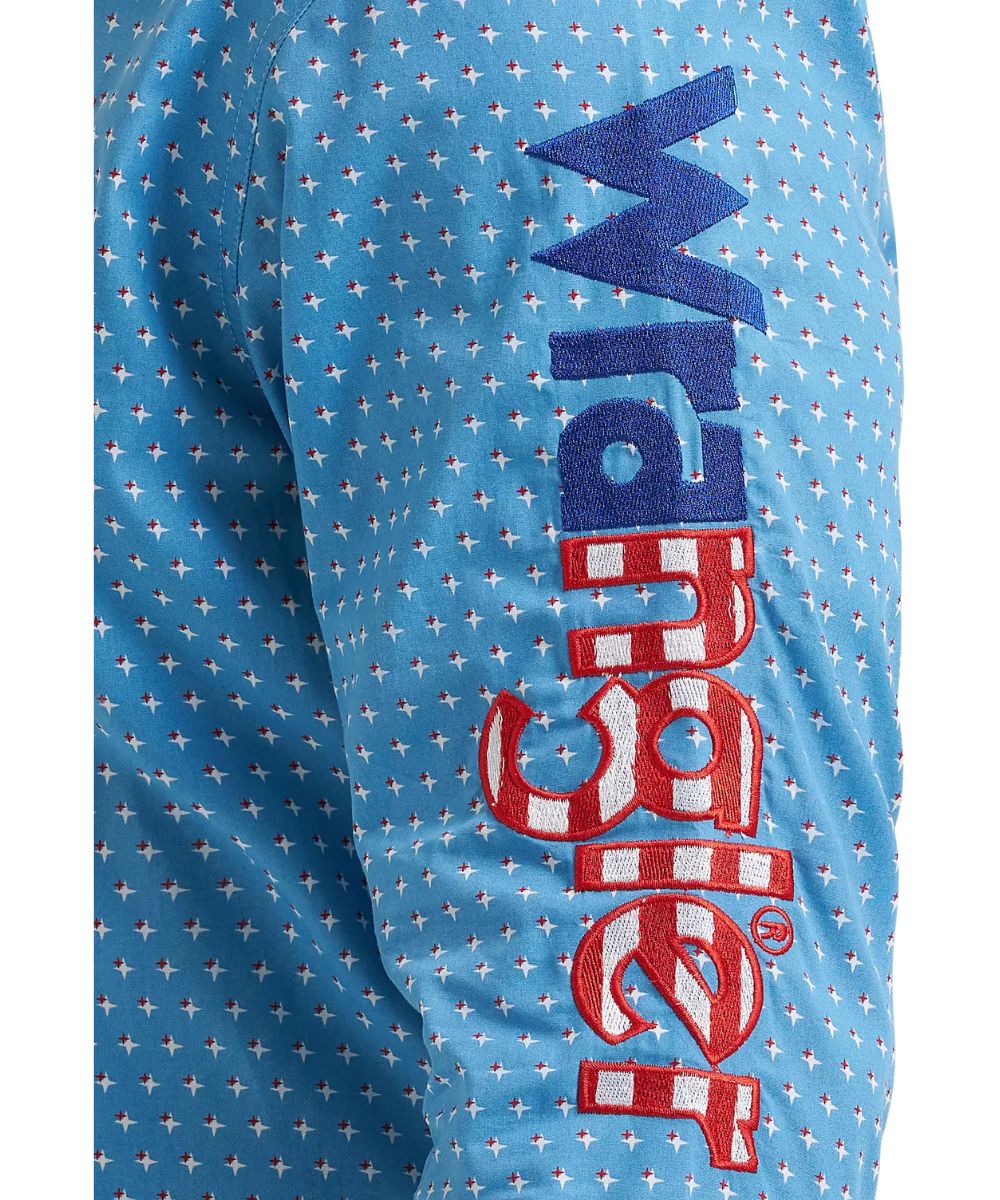 Close-up view of the americana logo embroidery down the sleeve