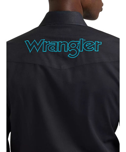 Close-up view of the logo embroidery on the single point back western yoke