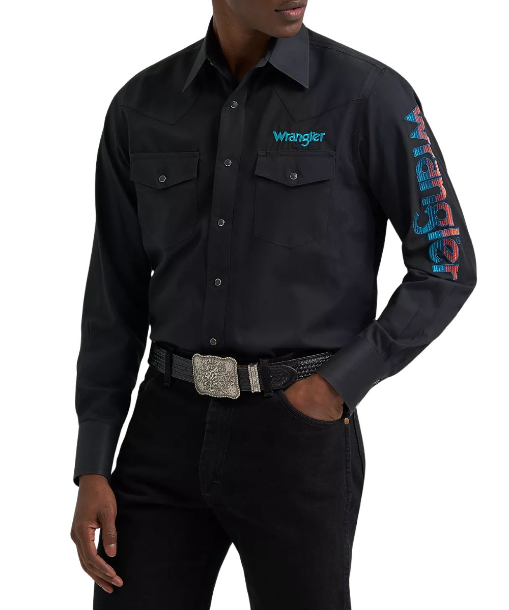 Front view of the men's black western snap shirt featuring logo embroidery