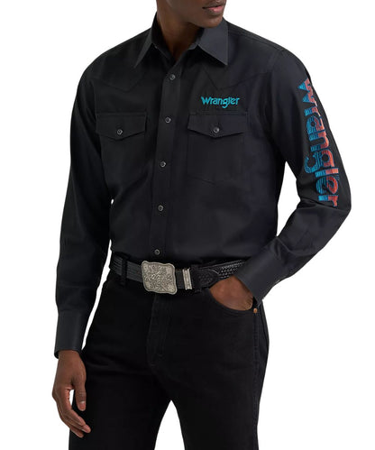 Front view of the men's black western snap shirt featuring logo embroidery