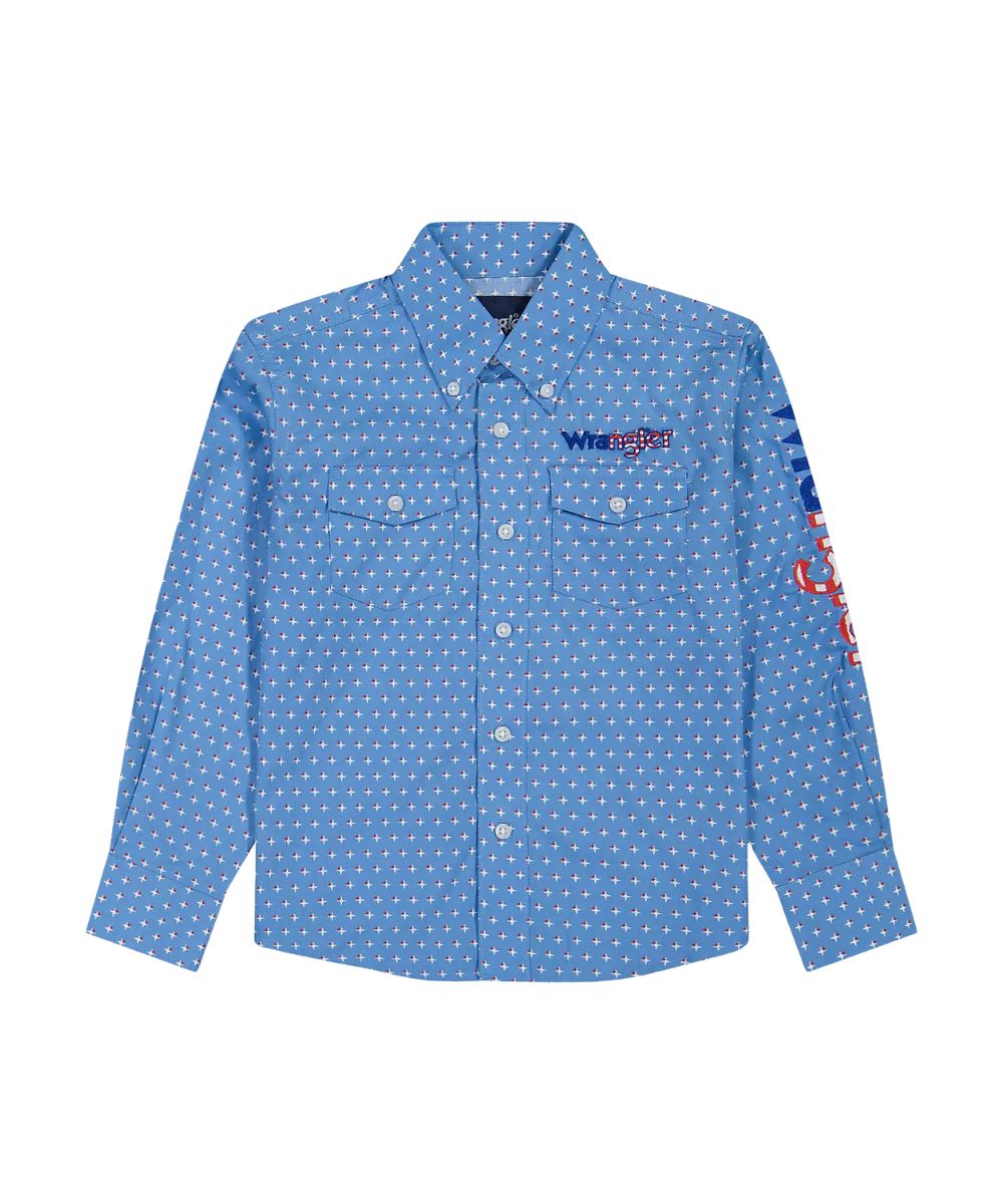 Front view of the boy's long sleeve button down shirt in blue featuring a geometric print and americana logo embroidery