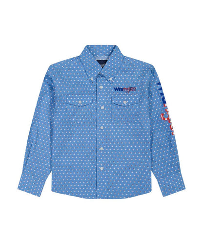 Front view of the boy's long sleeve button down shirt in blue featuring a geometric print and americana logo embroidery