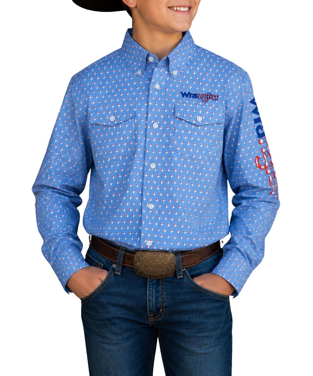 Model view of the boy's blue long sleeve button down shirt featuring americana logo embroidery and geometric print