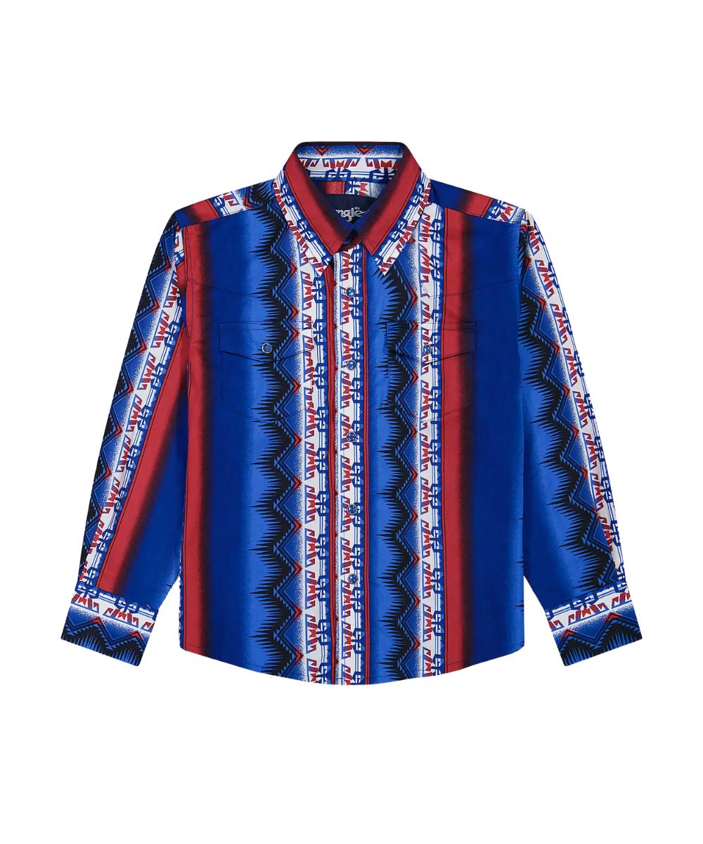 Front view of the boy's blue old glory checotah snap shirt featuring western yokes and chest pockets