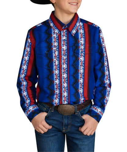 Front model view of the boy's long sleeve snap shirt in a blue old glory checotah print