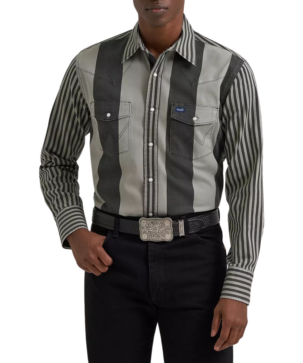 Front view of the men's smoky striped western work pearl snap shirt featuring western yokes, a pen slot, and classic fit