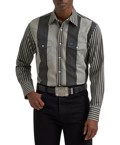 Front view of the men's smoky striped western work pearl snap shirt featuring western yokes, a pen slot, and classic fit