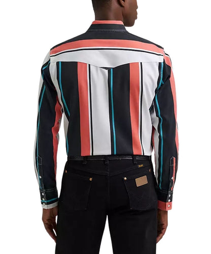 A man shown from the back wearing a long-sleeve western-style shirt with bold vertical stripes in black, white, coral pink, and teal, paired with black jeans against a plain white background.