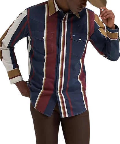 A man wearing a long-sleeve western-style button-up shirt with vertical stripes in navy blue, burgundy red, cream, and tan, paired with brown pants and a tan cowboy hat against a white background.