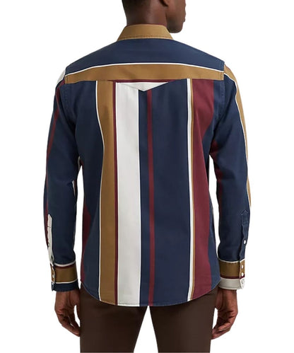 A man viewed from the back wearing a long-sleeve button-up shirt with vertical stripes in navy blue, burgundy red, white, and tan on a solid white background.