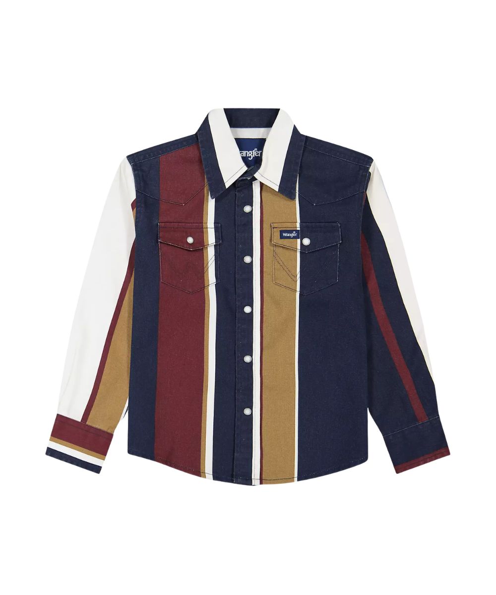 A long-sleeve button-up shirt with a color-blocked western-inspired design, featuring navy blue, burgundy, tan, and white panels, displayed on a clean white background.