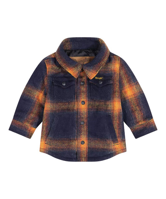Front view of the little boy's navy Wrangler Quilt Lined Flannel Shirt Jacket featuring the night sky plaid print, long sleeves, flap chest pockets, and side entry welt hand pockets