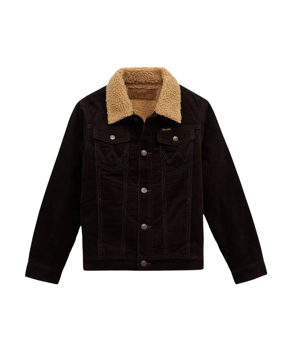 A dark brown corduroy jacket with a tan sherpa fleece collar, featuring a button-front closure and chest pockets, displayed on a solid white background.
