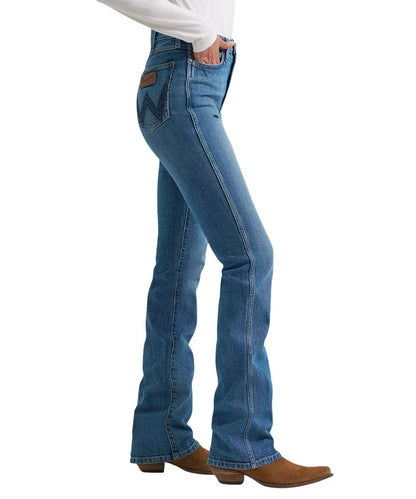 Side view of the women's retro boot cut jean in a medium wash