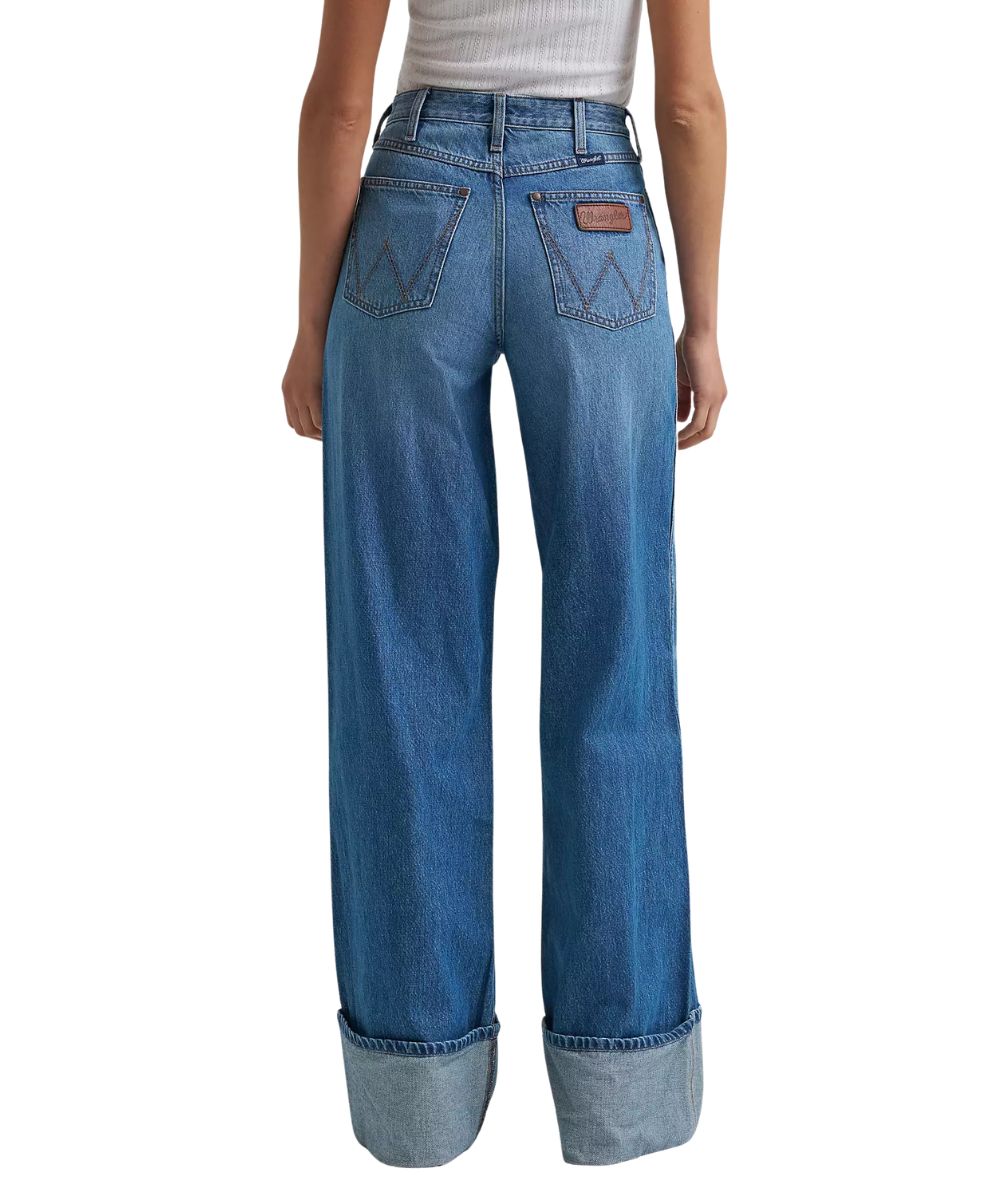 Back view of the women's retro wide leg jean in a medium wash