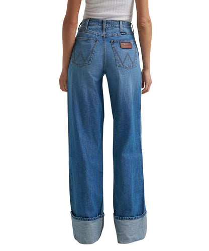 Back view of the women's retro wide leg jean in a medium wash