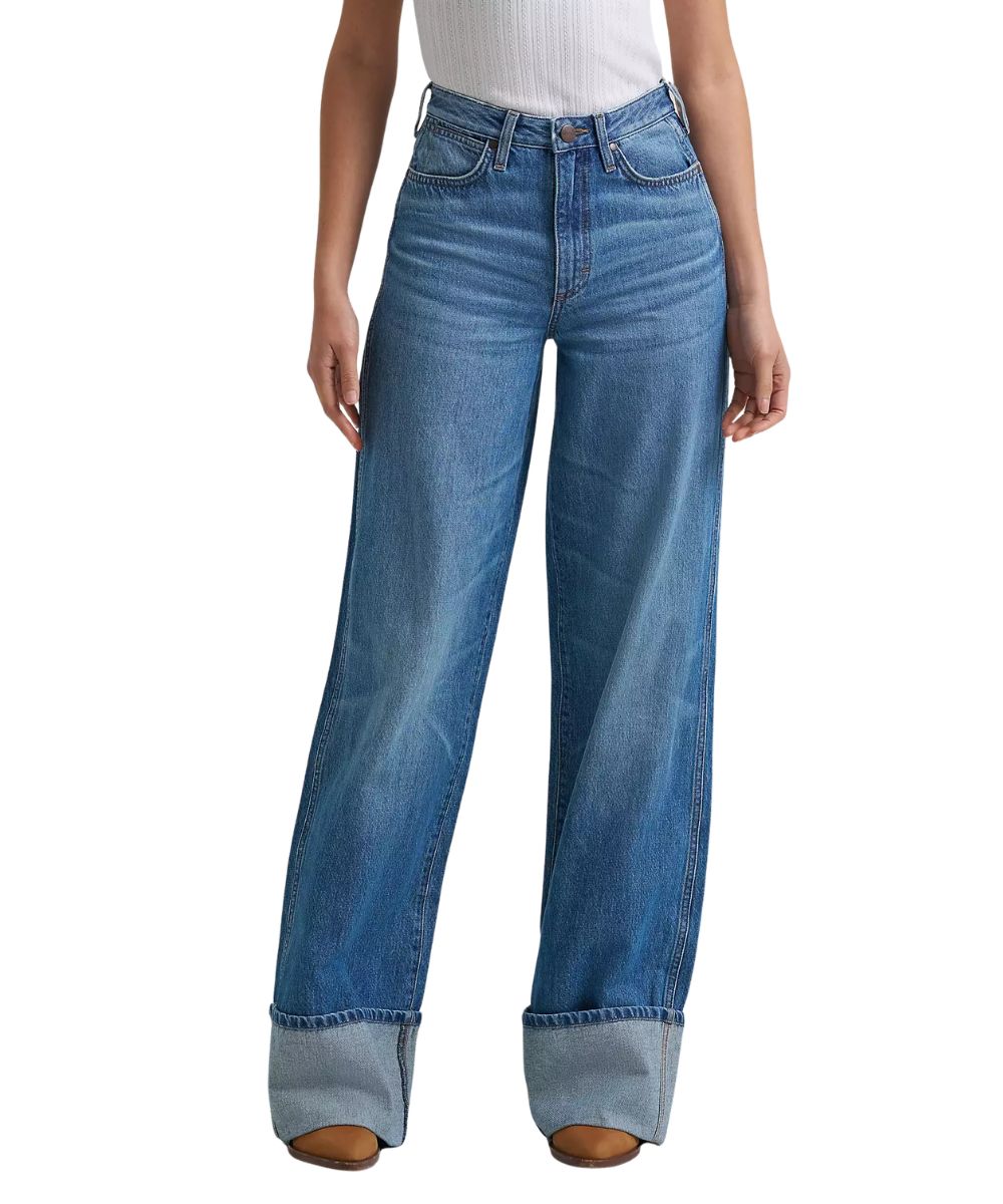 Front view of the women's retro wide leg jean featuring a high rise and cuffed hem