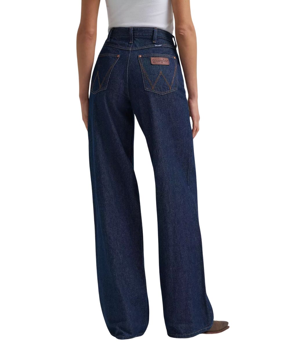 Back view of the women's super high rise wide leg jean featuring the dark wash and logo stitched back pockets