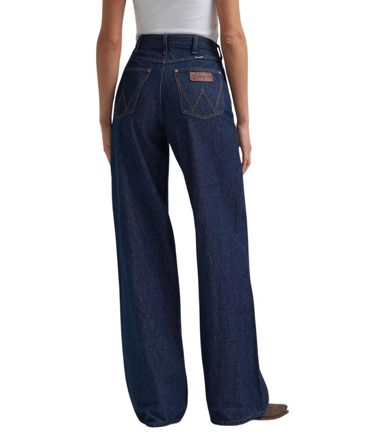 Back view of the women's super high rise wide leg jean featuring the dark wash and logo stitched back pockets