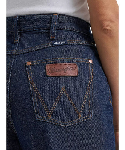 Close-up view of the logo stitched back pockets with the leather logo patch